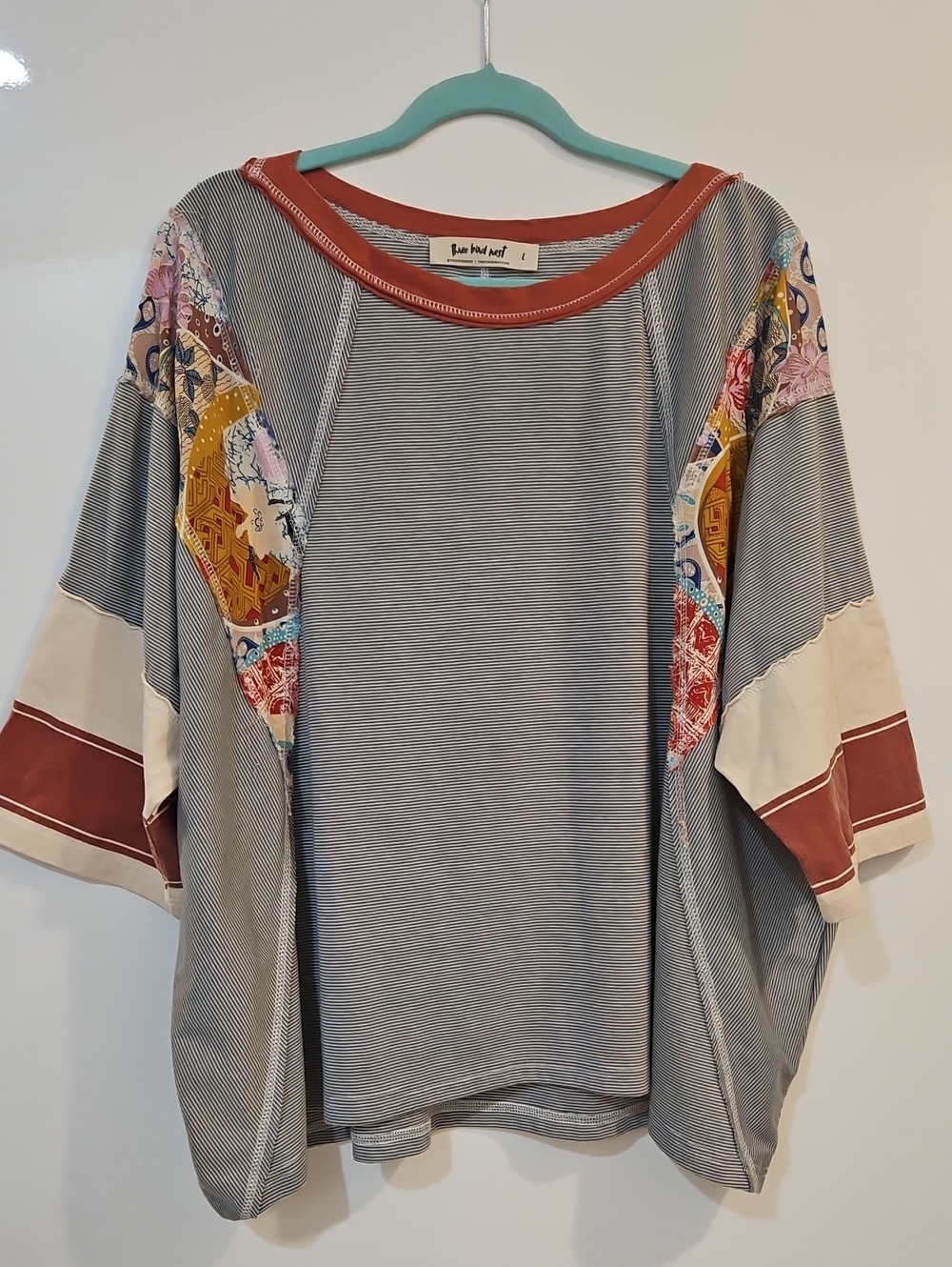Three Bird Nest Gray Striped Tunic with Patchwork Accents